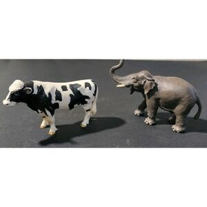 Vintage Schleich Animals Cow Black & White Holstein, Grey Elephant Zoo, Farm